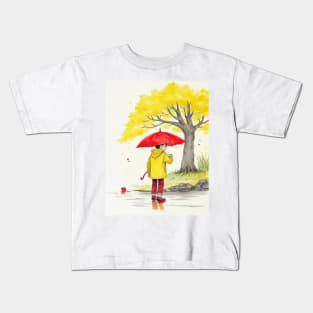 kid  playing in water puddles. Kids T-Shirt